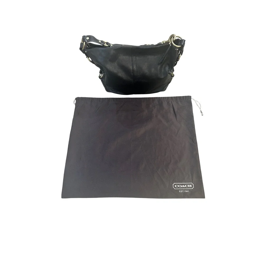 Coach Carly Large Black Leather Hobo Shoulder Bag Gold Hardware Turnlock Closure - Picture 8 of 13